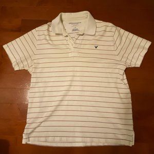 American Eagle Outfitters Polo Shirt, Men's L, White Short Sleeve w/ Red Stripes